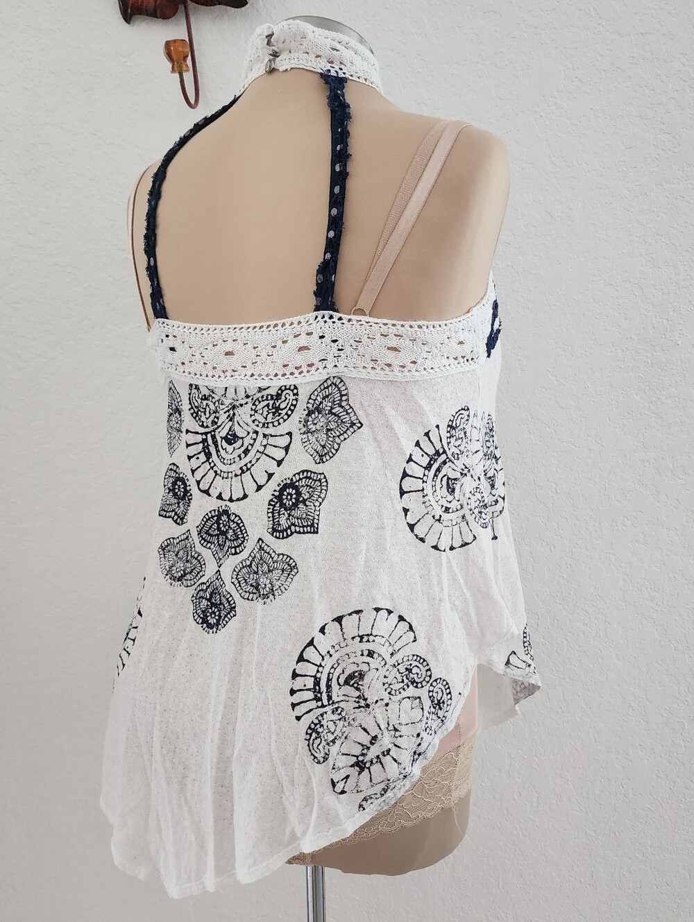 FREE PEOPLE | White Crochet Halter Tank Top with Navy Print - Picture 5 of 13